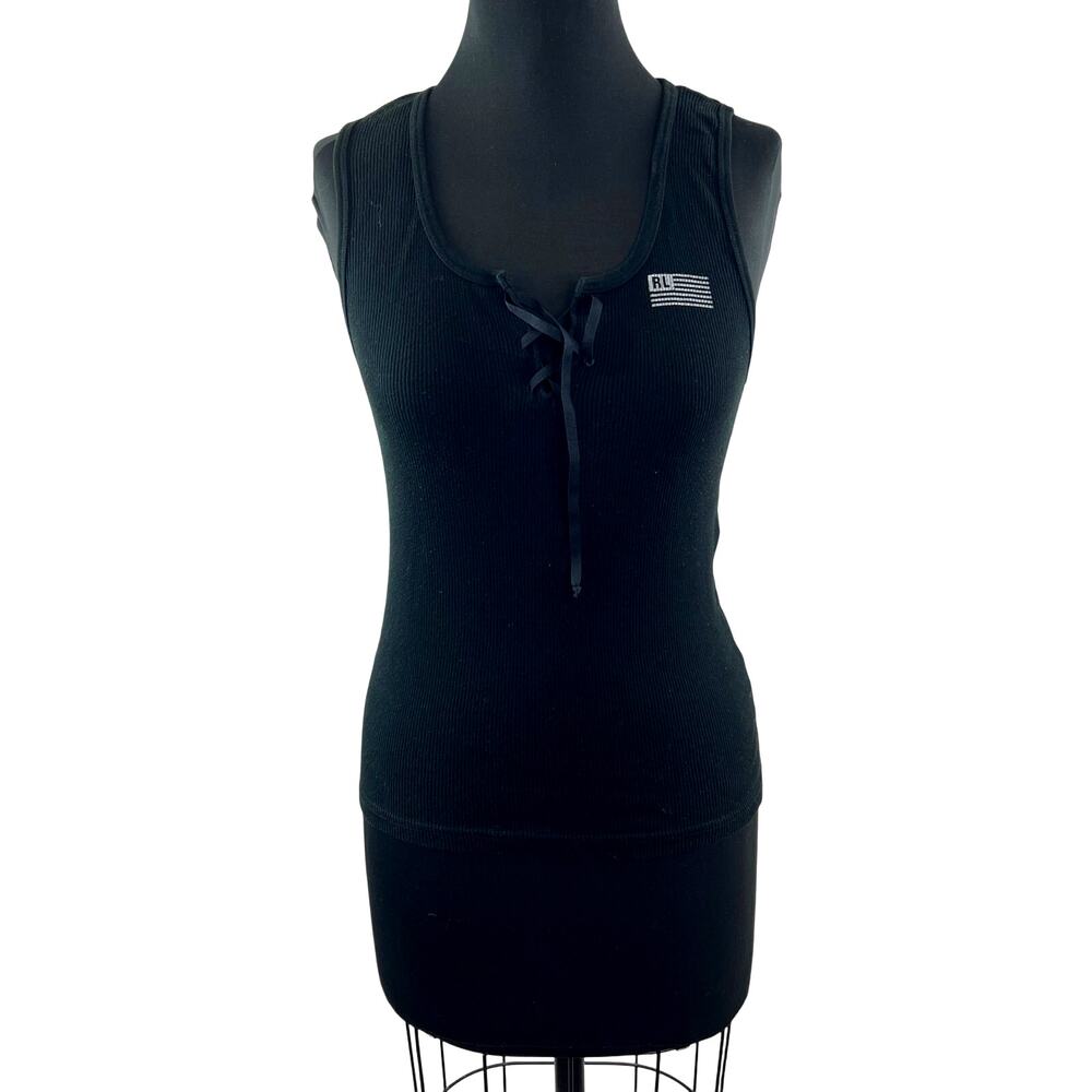 VINTAGE Ralph Lauren Black Tank Top Cotton Ribbed Knit Lace Up Scoop Sz Large L